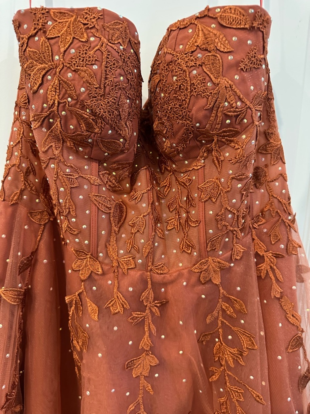 Strapless Sweetheart Lace Applique Evening Gown in Rust Brown - Picture 5 of 7